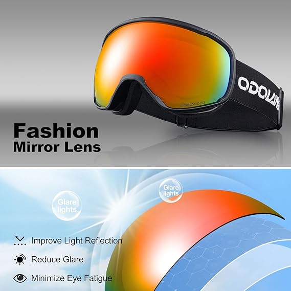 Odoland OTG Ski Goggles with Anti-fog, Anti-glare Lens UV400 Protection Adult Snow Goggles, Double Spherical Goggles for Skiing Skating Snowmobiles and Snowboards Suit Men and Women