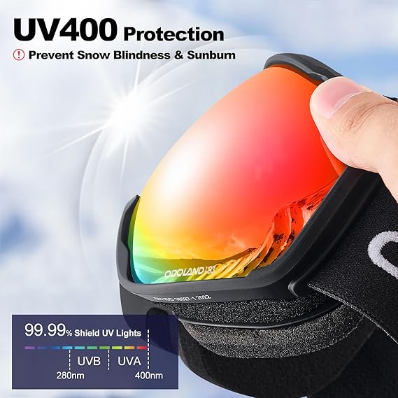 Odoland OTG Ski Goggles with Anti-fog, Anti-glare Lens UV400 Protection Adult Snow Goggles, Double Spherical Goggles for Skiing Skating Snowmobiles and Snowboards Suit Men and Women