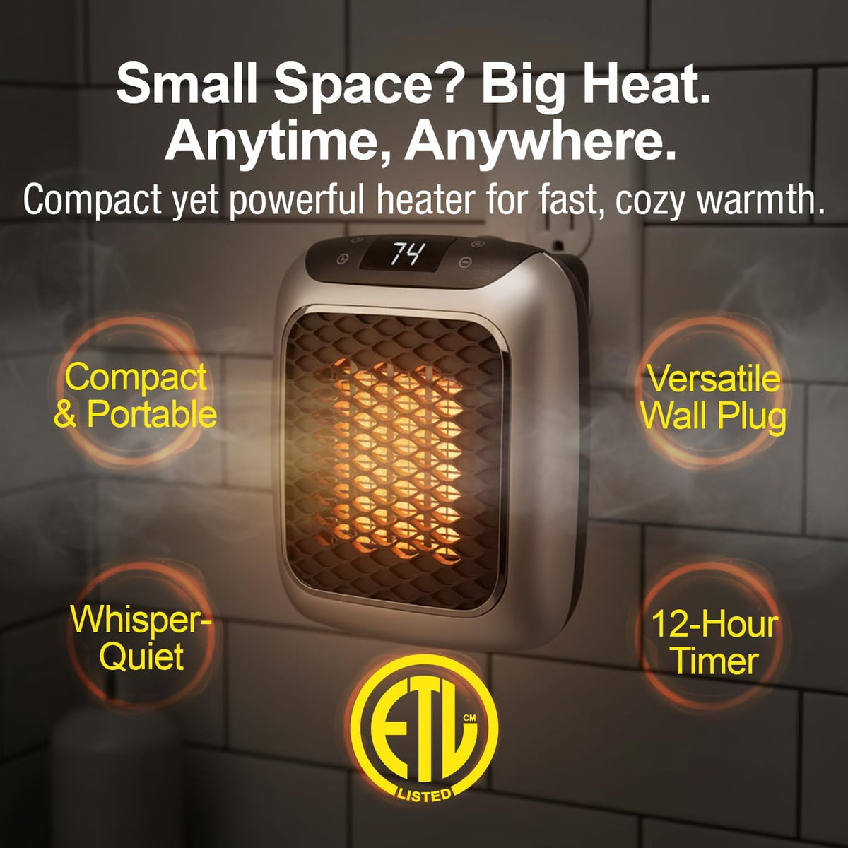 Ontel Handy 1200W Heater Turbo Wall Outlet Plug In Heater – Portable Indoor Ceramic Space Heater w/Adjustable Thermostat, 12-Hour Timer, Auto Shut Off, Quiet – Plug In Wall for Office, Bedroom, Camping