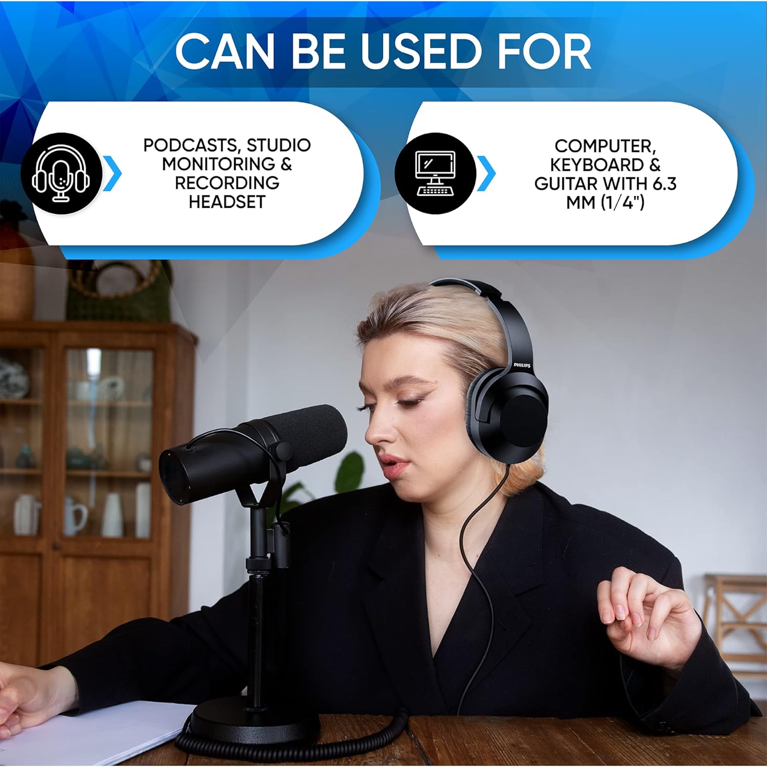 Philips Over Ear Wired Stereo Headphones for Podcasts, Studio Monitoring and Recording Headset for Computer, Keyboard and Guitar with 6.3 mm (1/4") Add On Adapter