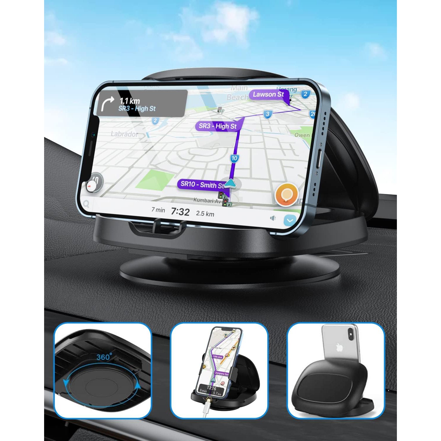 Phone Mount for Car, 360° Rotatable Dashboard Horizontal & Vertical Viewing Cell Phone Holder, Washable Reusable Car Phone Mount