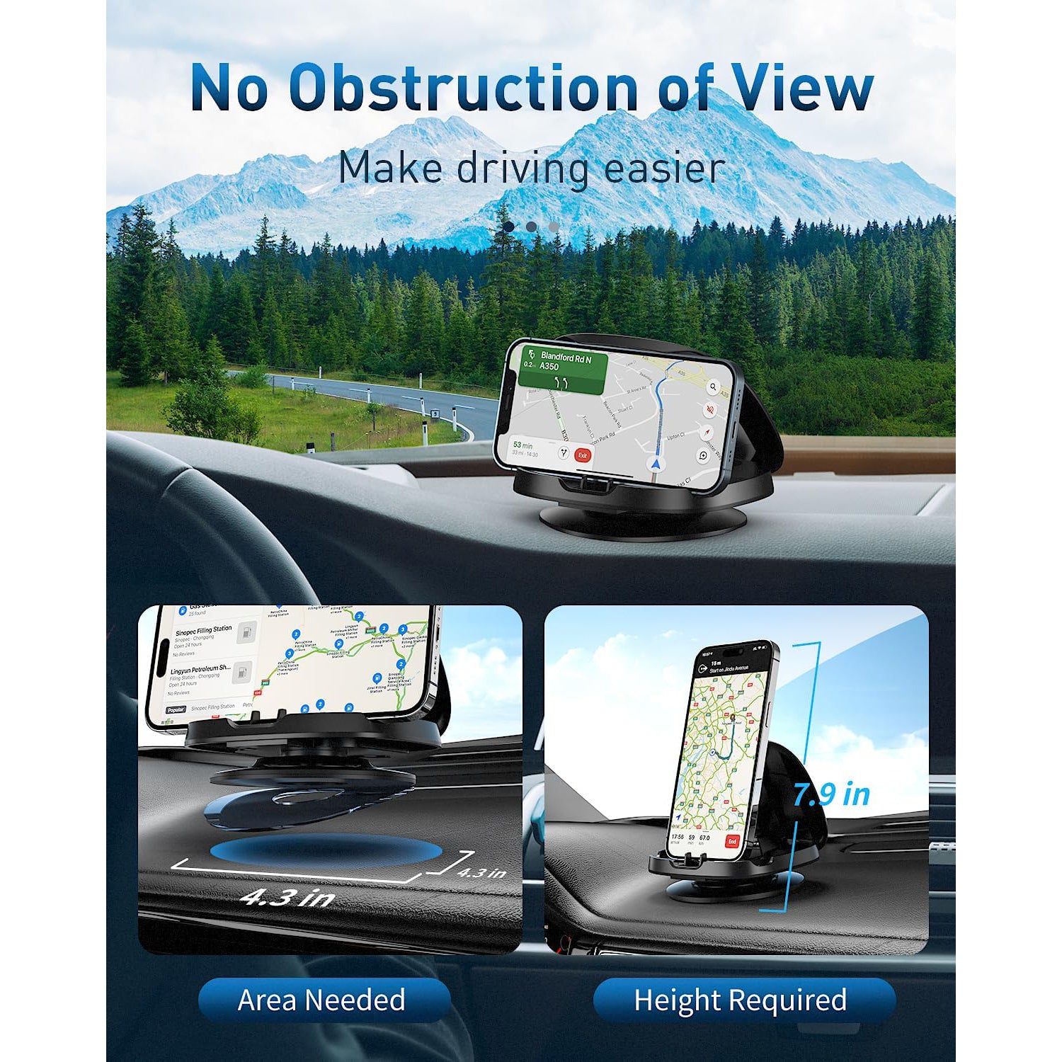 Phone Mount for Car, 360° Rotatable Dashboard Horizontal & Vertical Viewing Cell Phone Holder, Washable Reusable Car Phone Mount