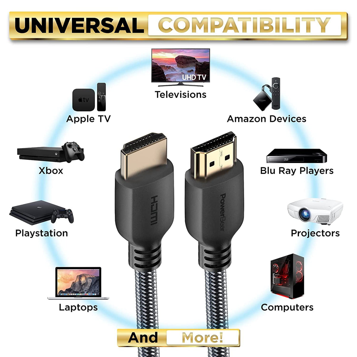 PowerBear 4K HDMI Cable (6.6ft/2M) | High Speed, Braided Nylon & Gold Connectors, 4K @ 60Hz, Ultra HD, 2K, 1080P, ARC & CL3 Rated | for Laptop, Monitor, PS5, PS4, Xbox One, Fire TV, Apple TV PC