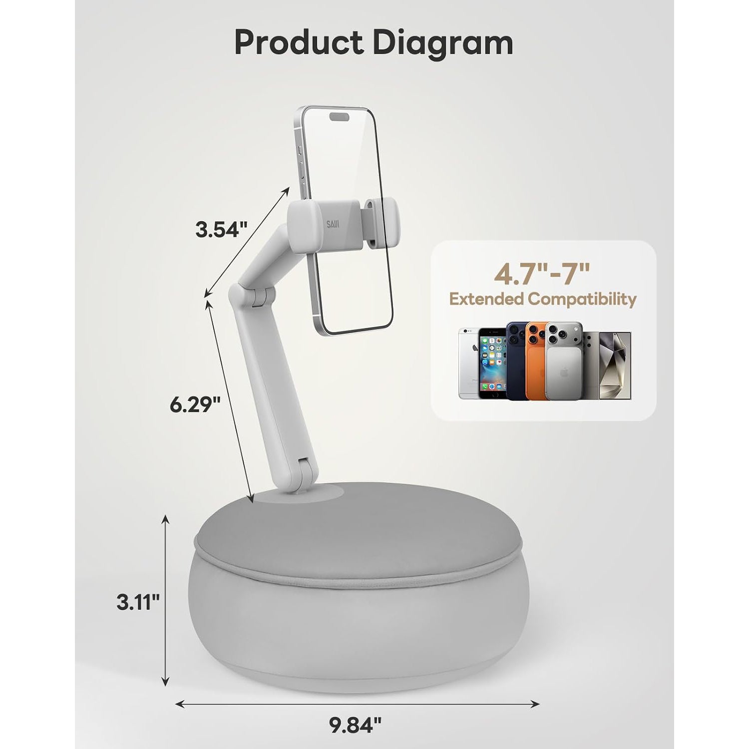 SAIJI Cell Phone Pillow Holder mini iPhone Stand for Bed, Upgraded mini Angle & Height Adjustable Phone Pillow Stand for Watching Video On Bed/Sofa/Lap, Fit for 4.7"-7.0" Device (Gray)
