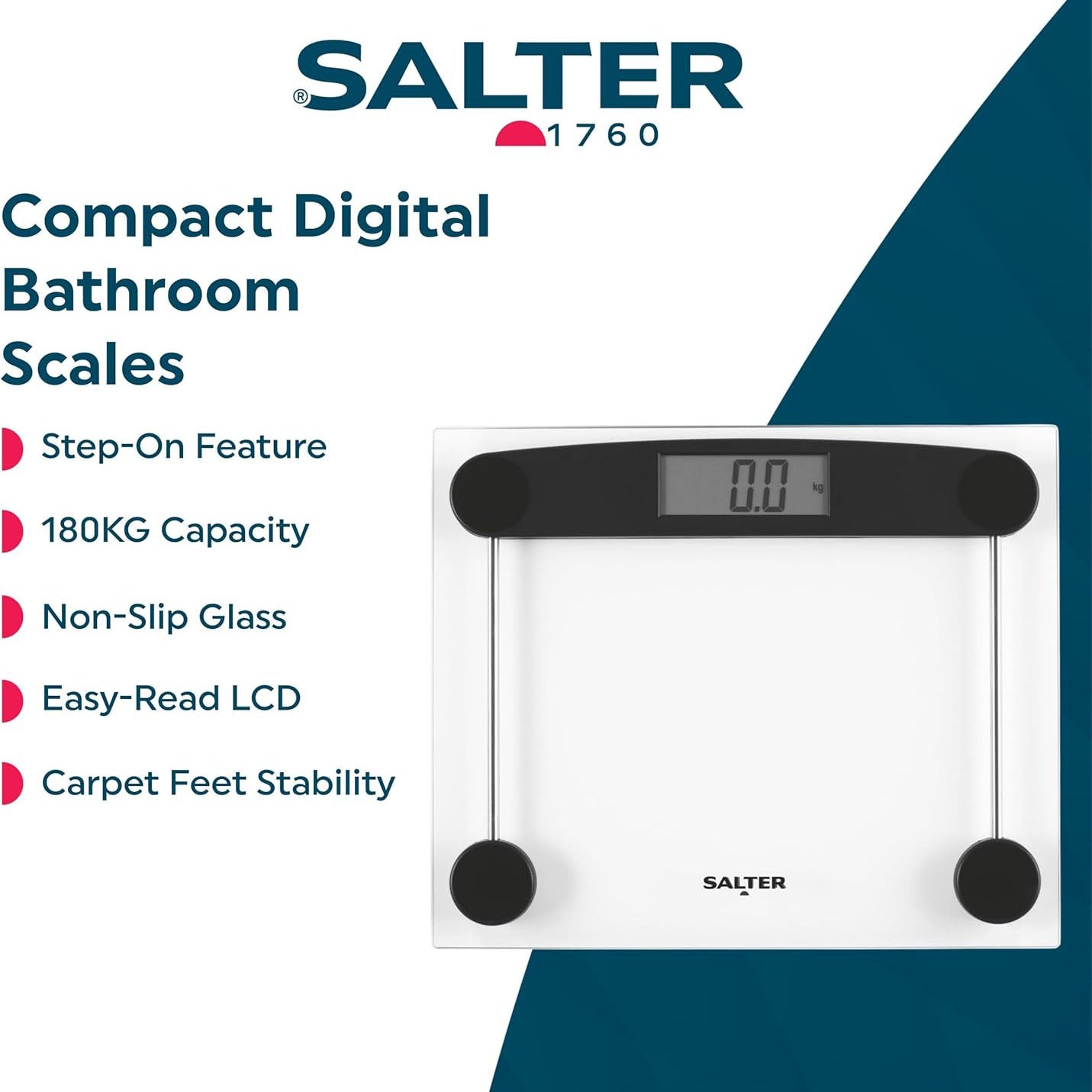 Salter Electronic Digital Glass Bathroom Scale, 180kg Max With LCD Easy to Read Display & Compact Clear Design