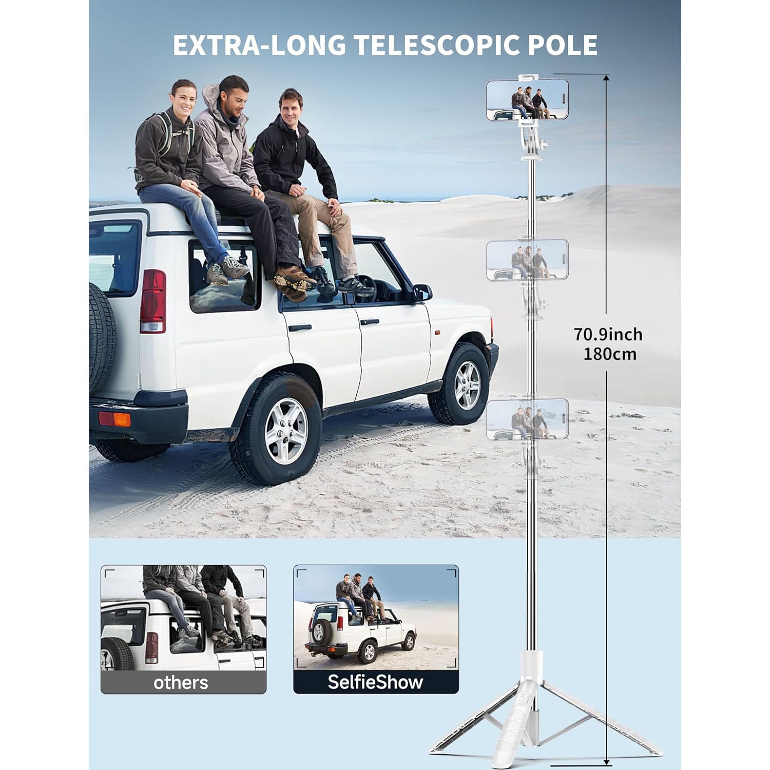 SelfieShow 71" Cell Phone Selfie Stick Tripod, Smartphone Tripod Stand with Remote, Extendable Travel Phone Selfie Stick Compatible with iP 17/16/15/14/13 Pro Max Gopro Android DJI (White)