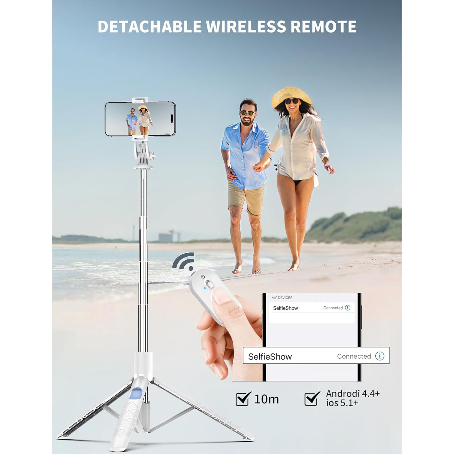 SelfieShow 71" Cell Phone Selfie Stick Tripod, Smartphone Tripod Stand with Remote, Extendable Travel Phone Selfie Stick Compatible with iP 17/16/15/14/13 Pro Max Gopro Android DJI (White)