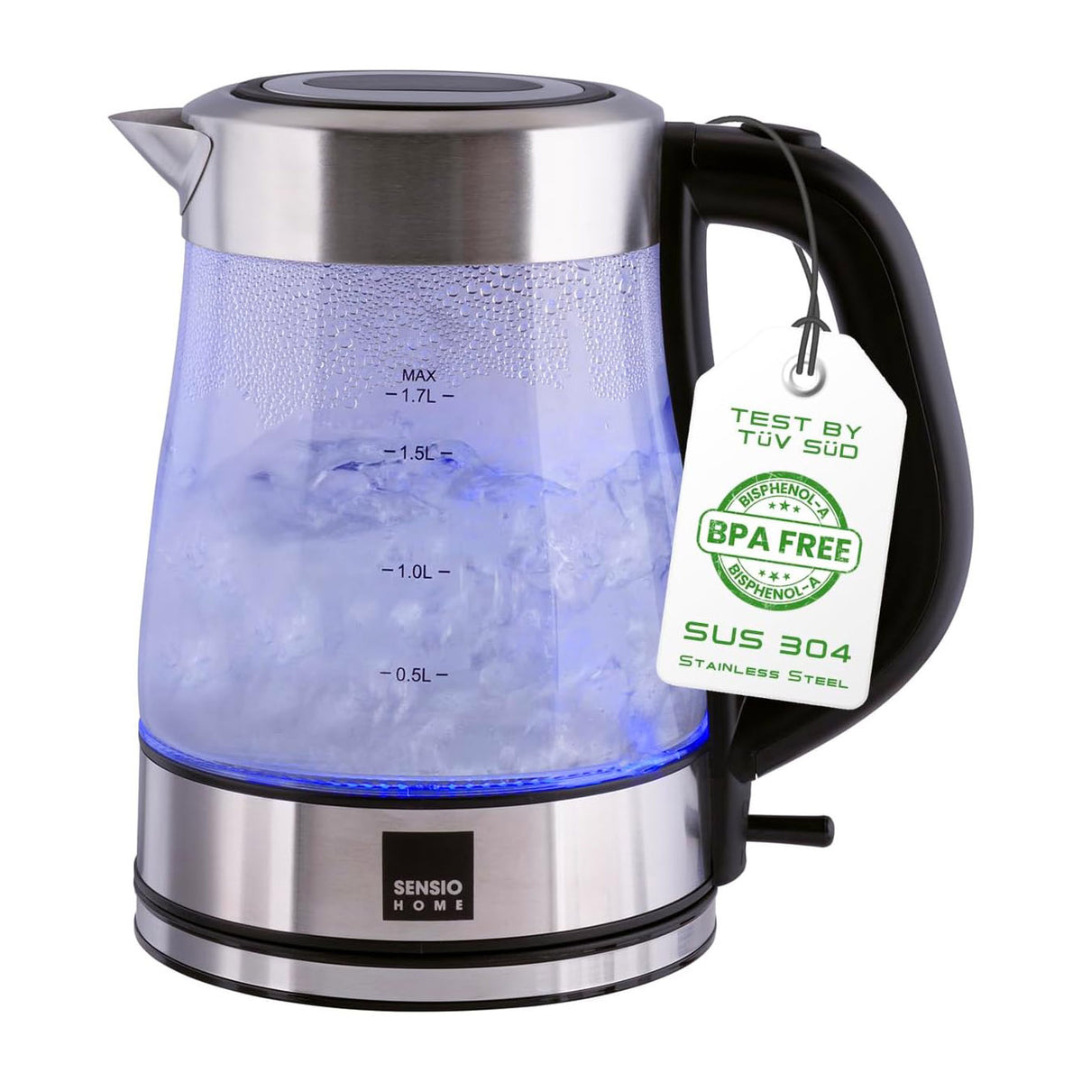 Sensio Home Electric Cordless Glass Kettle 1.7L Quiet Fast Boil with 3000W Rapid Boil Element With Includes Filter