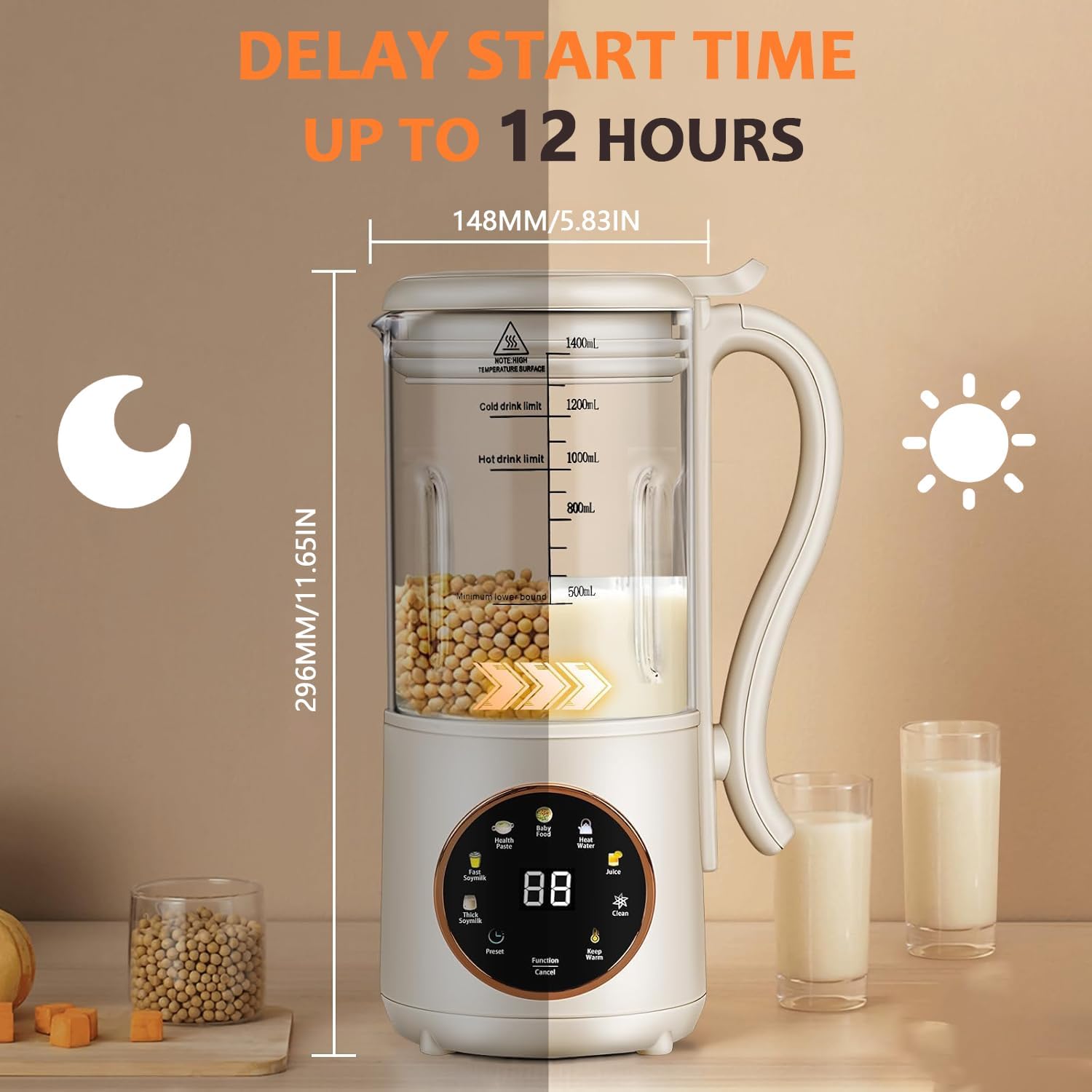 Soybean Milk Maker Machine, 47oz/1400ML Automatic Nut Milk Maker 8 in 1 Multi Functional Homemade Plant-Based Milk with Delay Start/AutoClean/KeepWarm/Boil Water