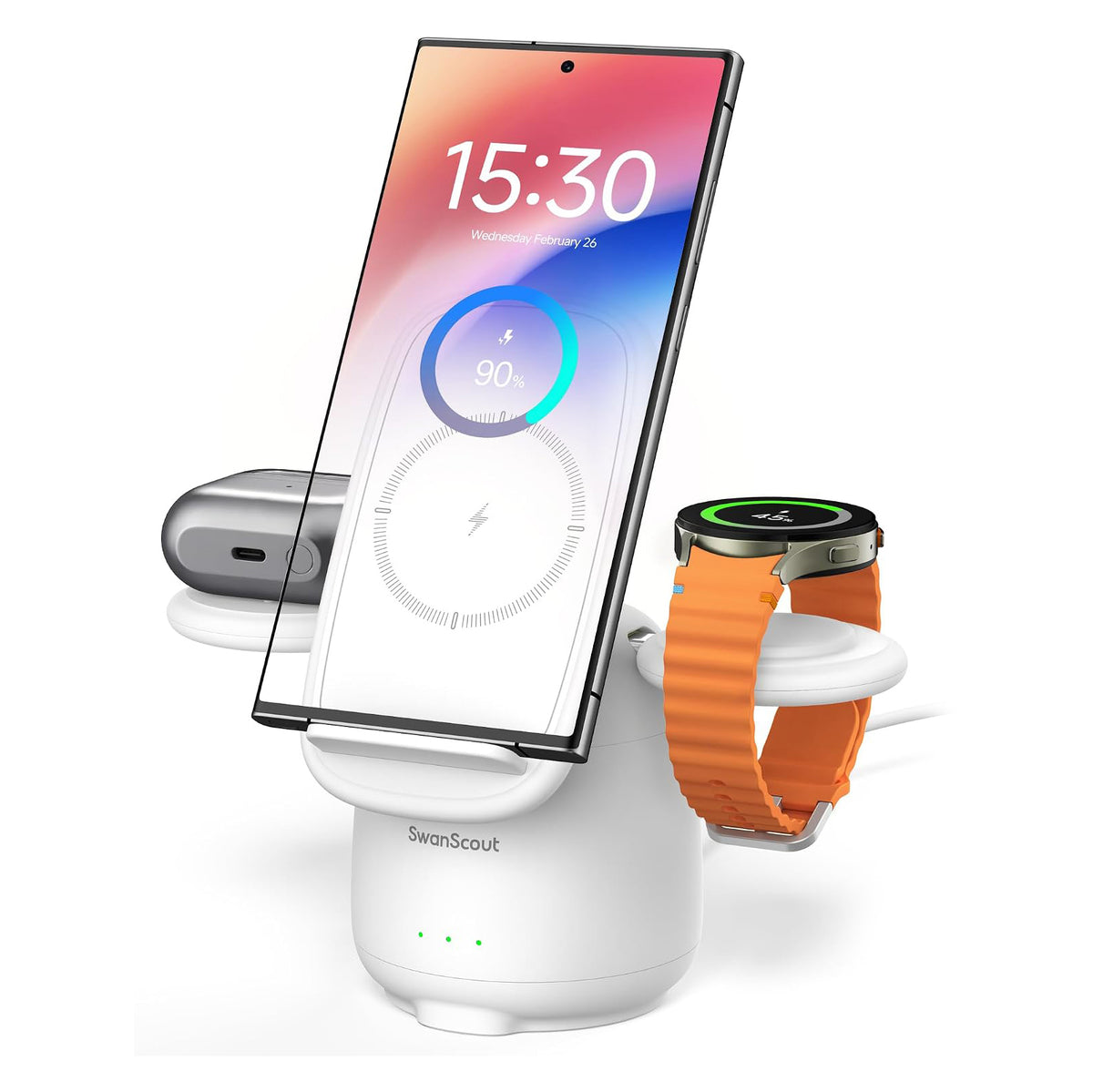 SwanScout 707S 3 in 1 Fast Charging Station for Samsung S25 Ultra/S24/S23/Z Flip7/Z Fold 7, Fast Wireless Charger for Galaxy Watch 7/6/5 Pro/4/Buds