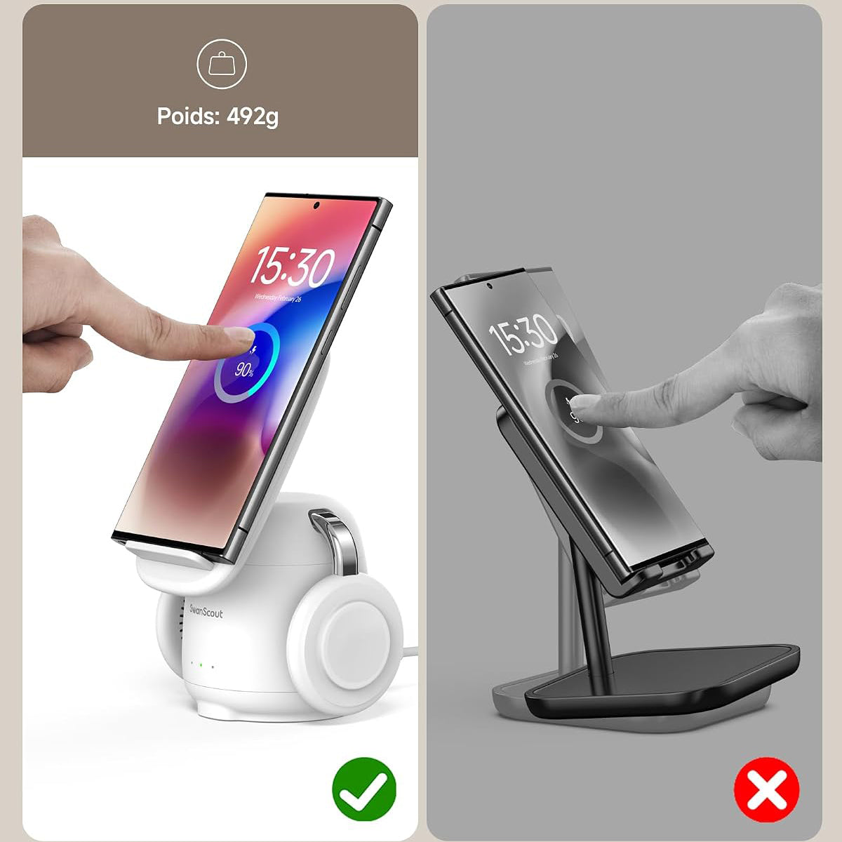 SwanScout 707S 3 in 1 Fast Charging Station for Samsung S25 Ultra/S24/S23/Z Flip7/Z Fold 7, Fast Wireless Charger for Galaxy Watch 7/6/5 Pro/4/Buds