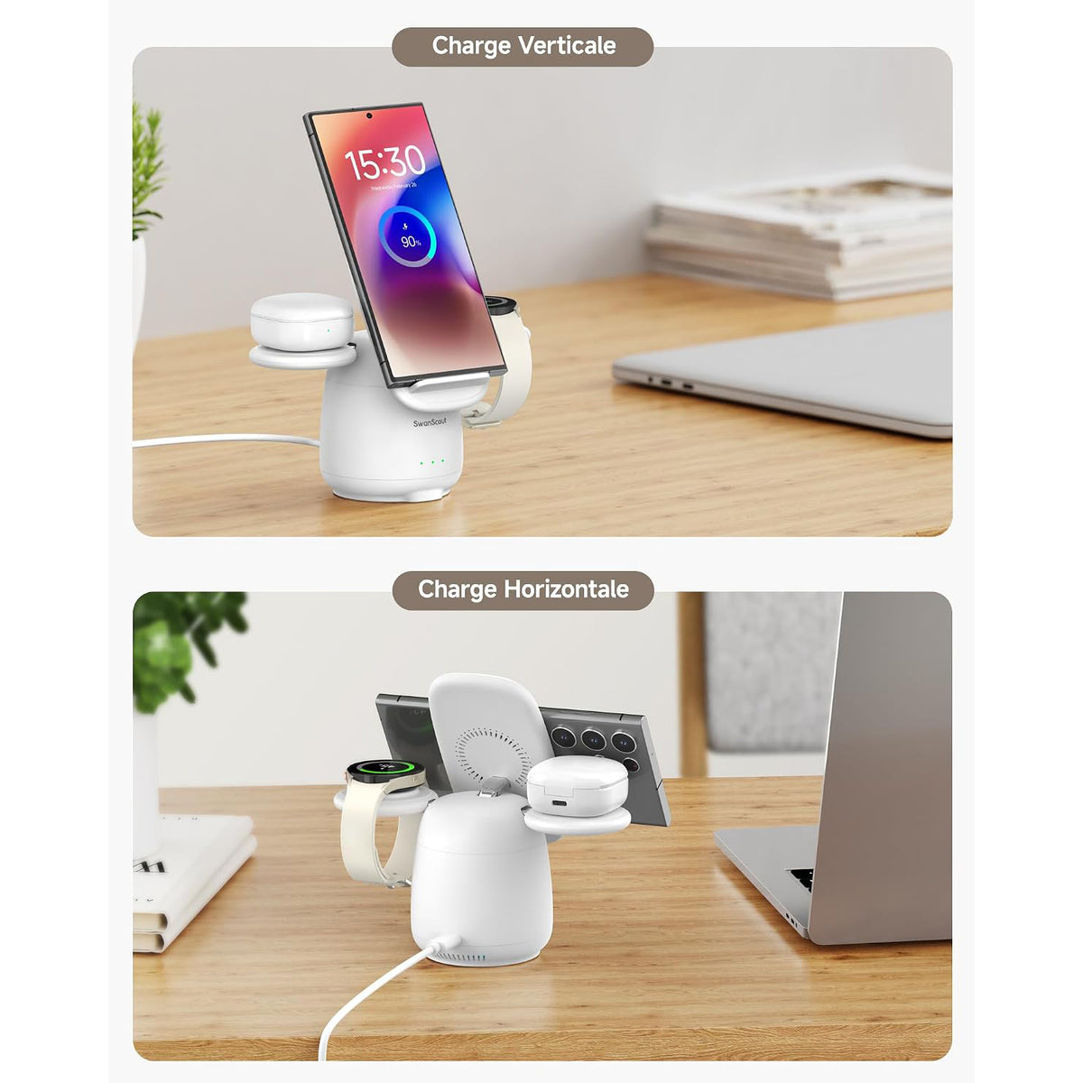 SwanScout 707S 3 in 1 Fast Charging Station for Samsung S25 Ultra/S24/S23/Z Flip7/Z Fold 7, Fast Wireless Charger for Galaxy Watch 7/6/5 Pro/4/Buds
