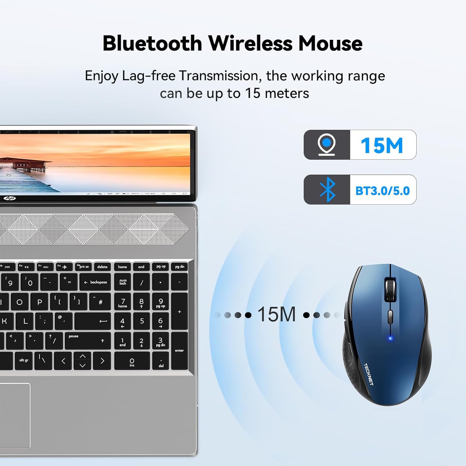 TECKNET Bluetooth Mouse, 4800 DPI Wireless Mouse 6 Adjustable DPI, 6 Buttons Compatible with Laptop/Windows/Computer - Blue