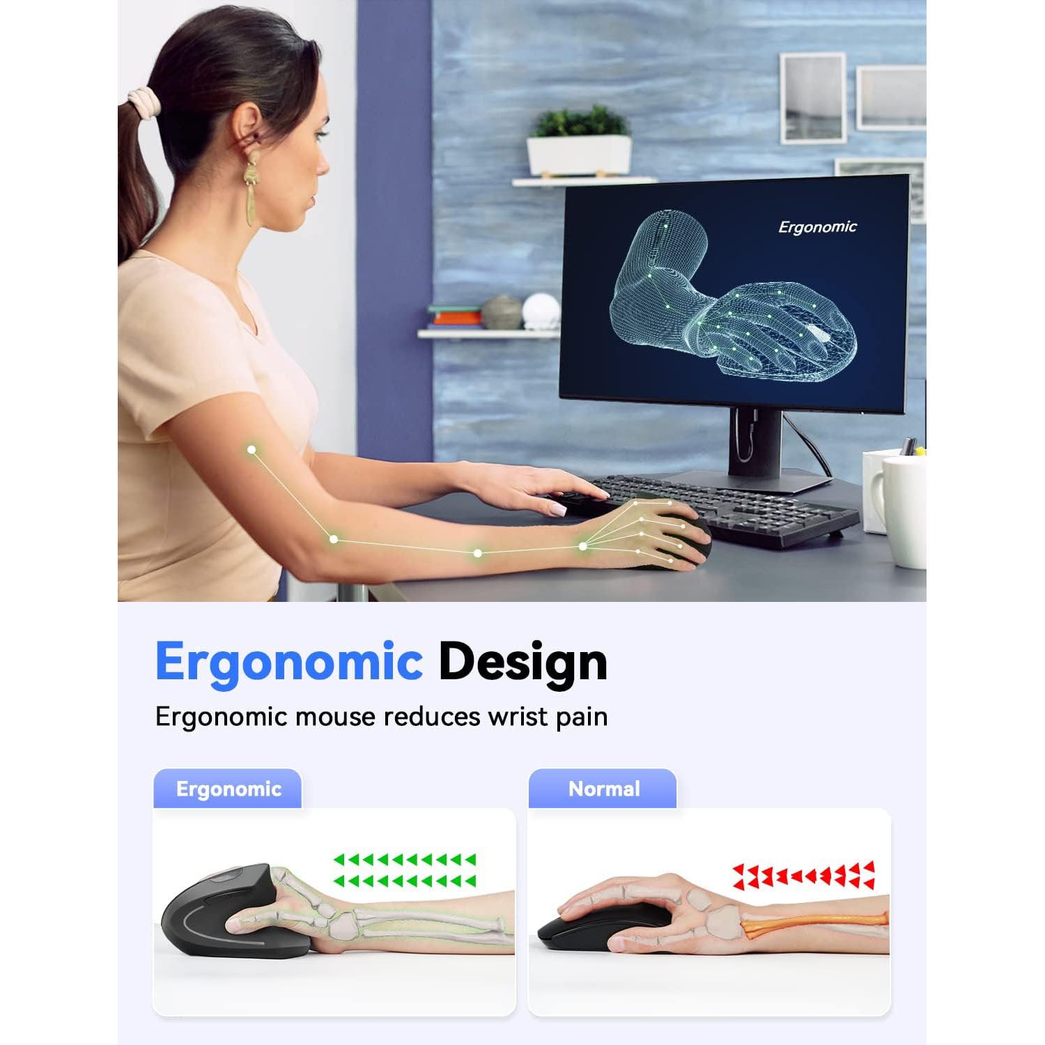 TECKNET Ergonomic Wireless Vertical Mouse, 4800 DPI with 5 Adjustable Levels, 2.4GHz Optical, 6 Buttons for Laptop, Desktop, PC, M-ac - Black