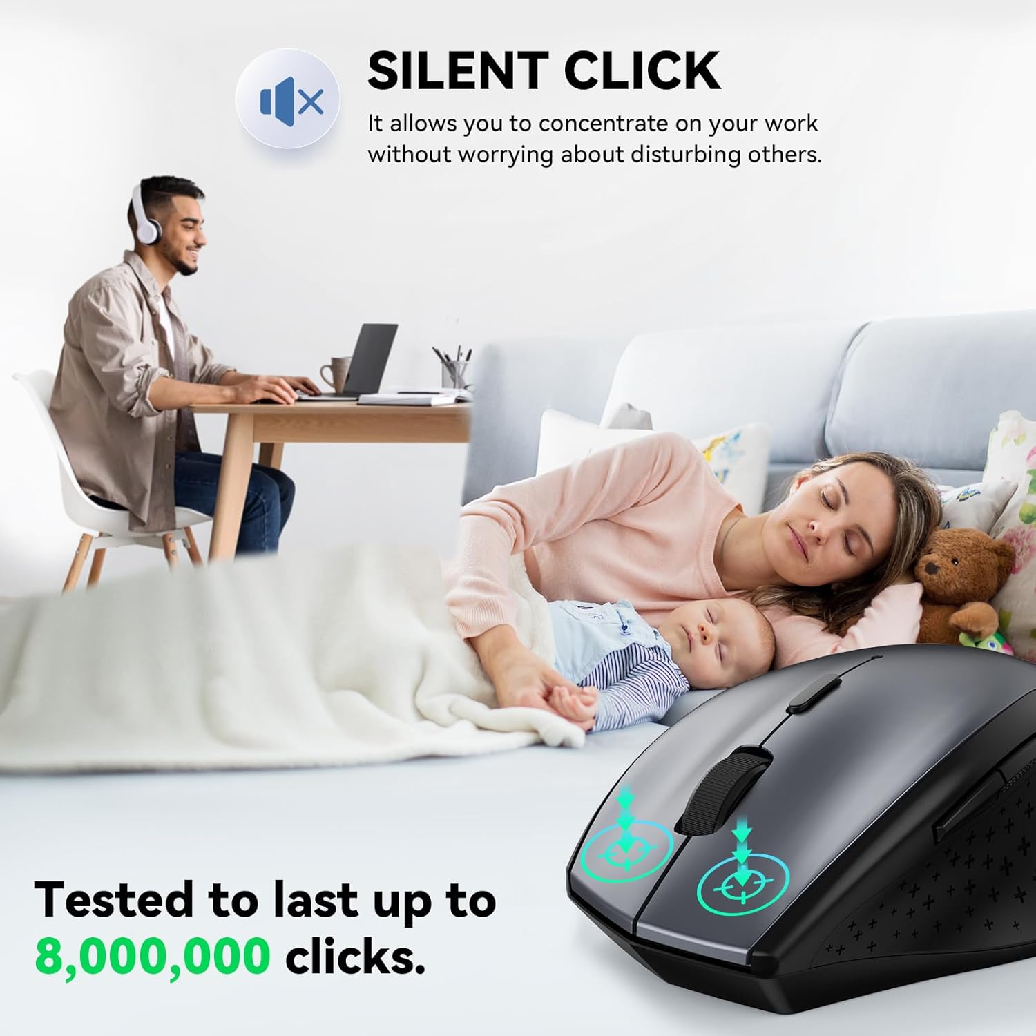 TECKNET Wireless Mouse, 2.4G USB Computer Mouse with 6-Level Adjustable 4800 DPI, Silent Quiet Click, Ergonomic Grips, 6 Buttons Portable for PC, Chromebook, Mac - Grey