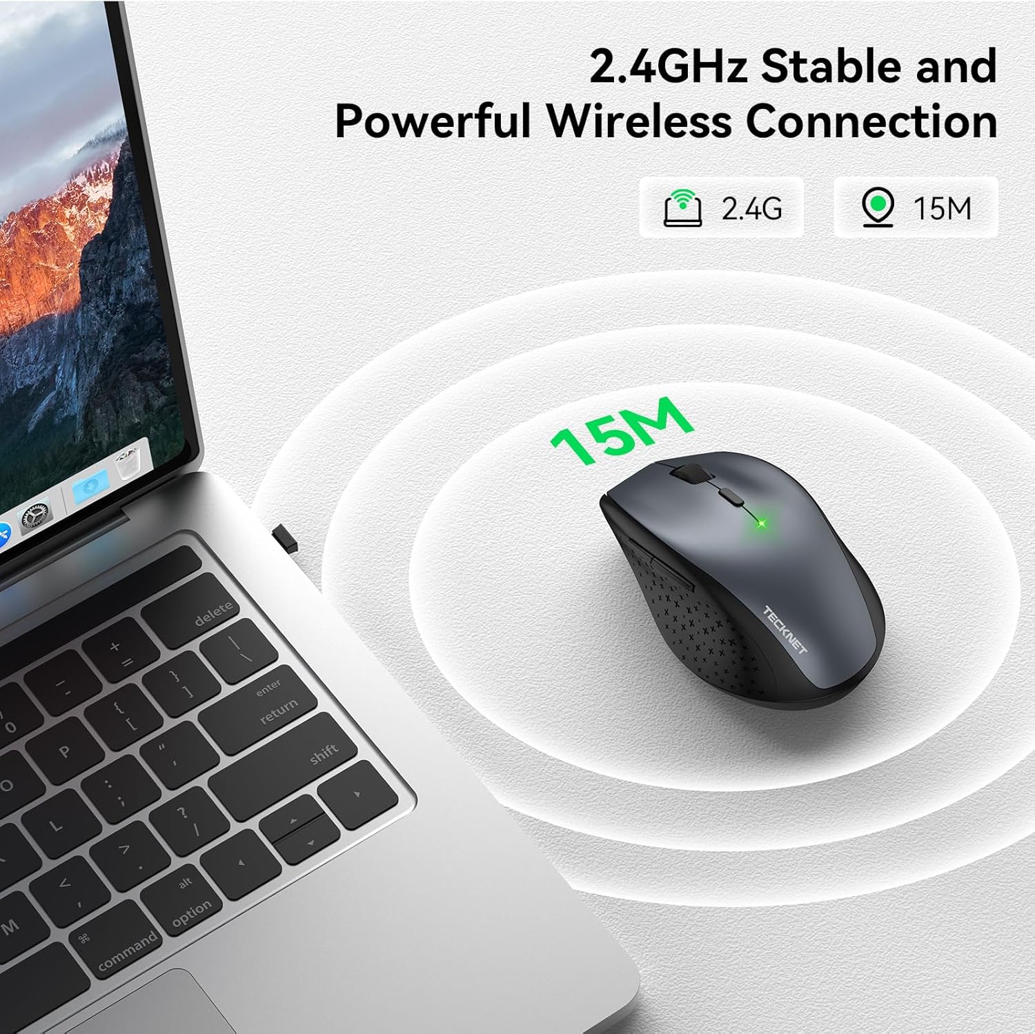 TECKNET Wireless Mouse, 2.4G USB Computer Mouse with 6-Level Adjustable 4800 DPI, Silent Quiet Click, Ergonomic Grips, 6 Buttons Portable for PC, Chromebook, Mac - Grey