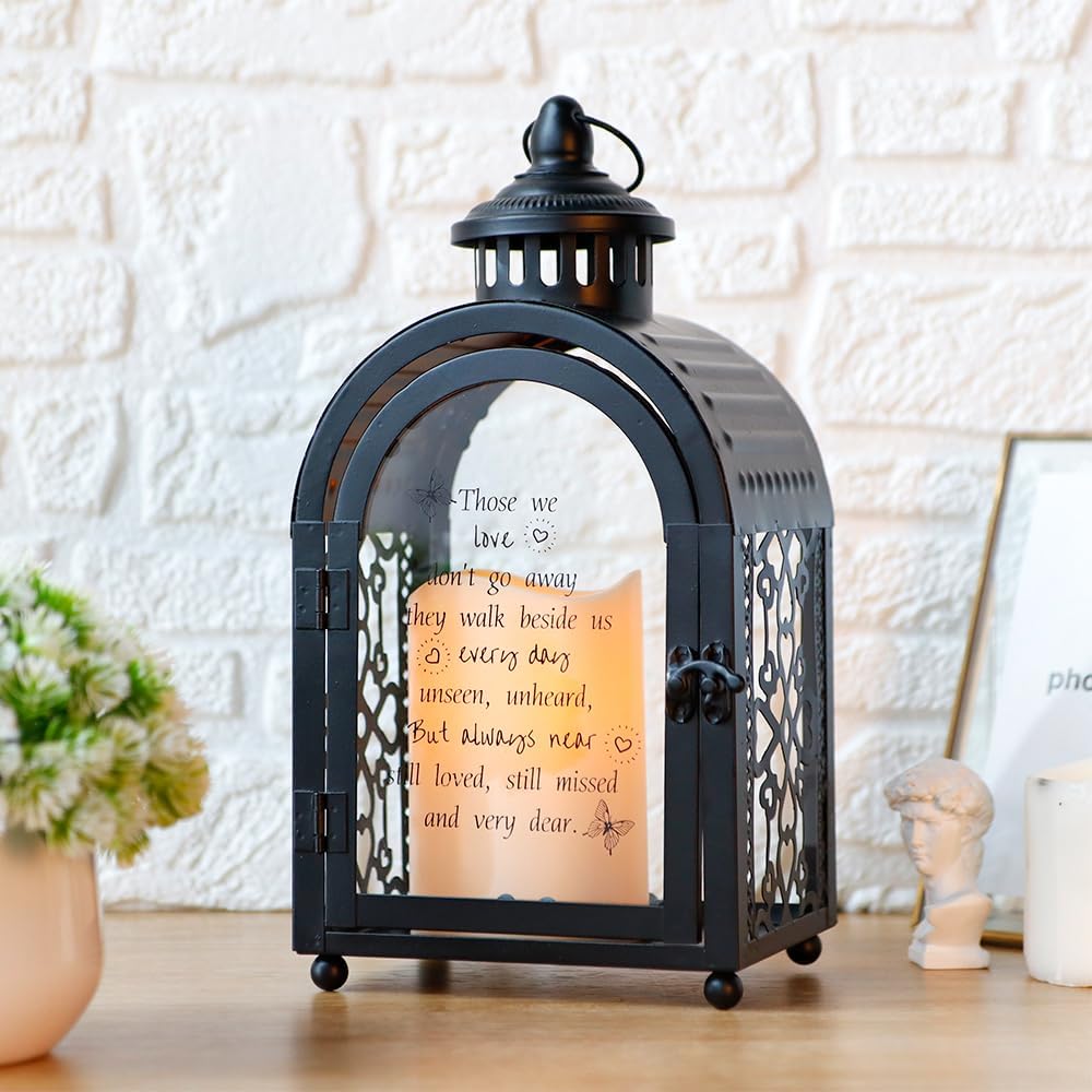 TRIROCKS Memorial Lantern 11'' High Walk Beside Us Remembrance Lantern With Automatic Timer LED Candle And Love Pattern Bereavement Sympathy Gifts For Funeral Memorial Service Loss of Loved One(Black)