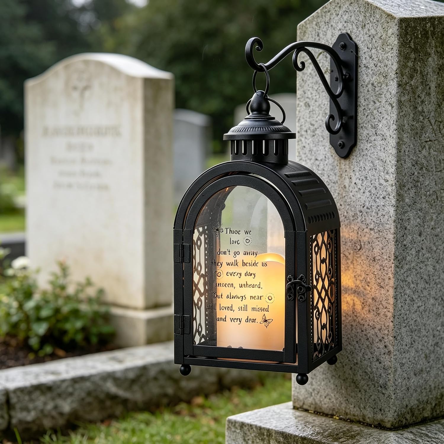 TRIROCKS Memorial Lantern 11'' High Walk Beside Us Remembrance Lantern With Automatic Timer LED Candle And Love Pattern Bereavement Sympathy Gifts For Funeral Memorial Service Loss of Loved One(Black)
