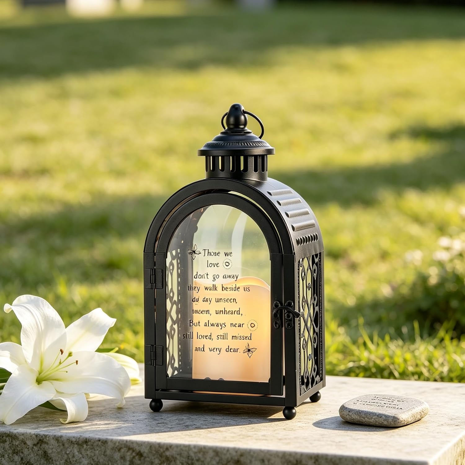 TRIROCKS Memorial Lantern 11'' High Walk Beside Us Remembrance Lantern With Automatic Timer LED Candle And Love Pattern Bereavement Sympathy Gifts For Funeral Memorial Service Loss of Loved One(Black)