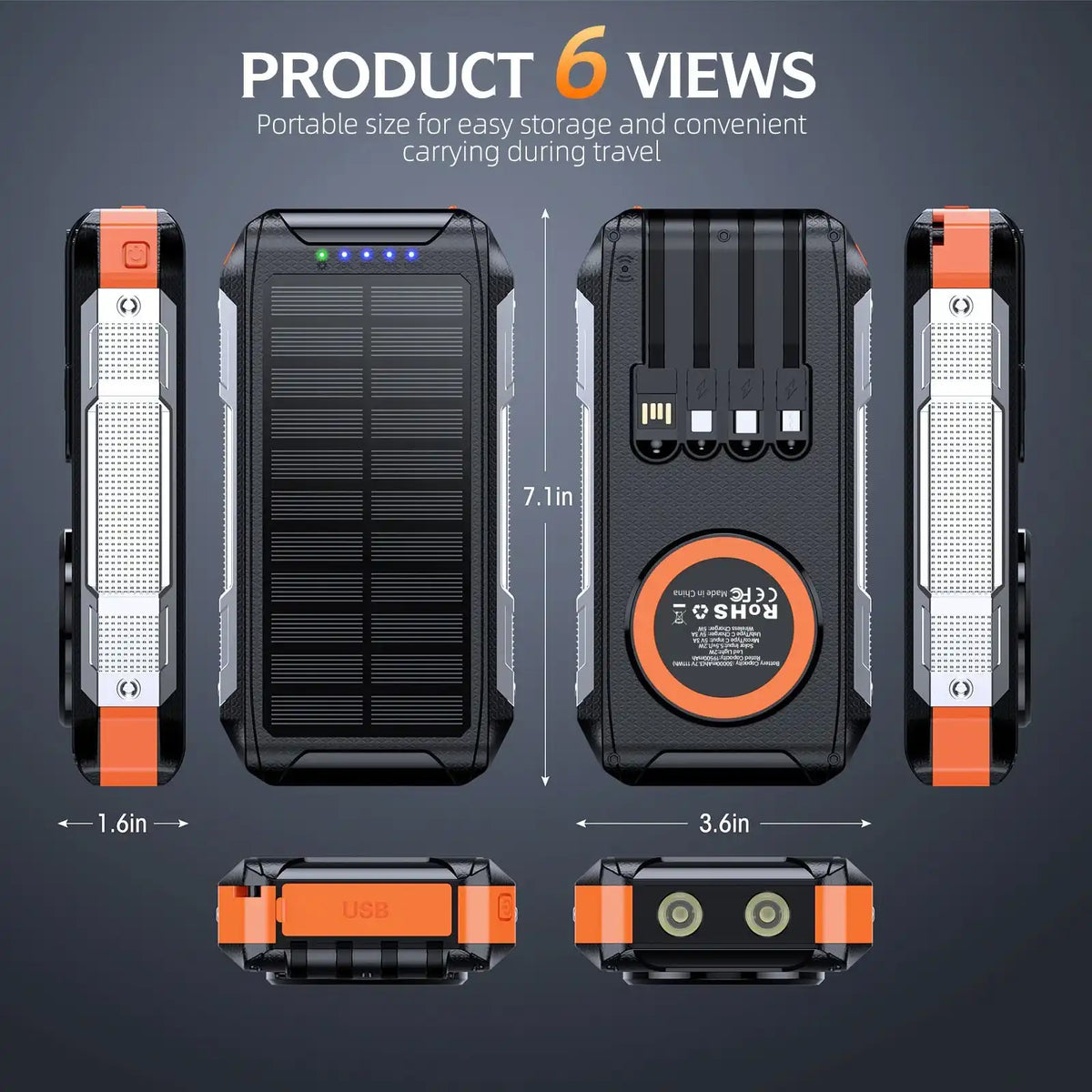 TUTT Solar Power Bank 30,000mAh Rugged Magnetic Wireless Power Bank | MagSafe Built-in Cables, Flashlight | USB-C/Lightning/Micro-USB
