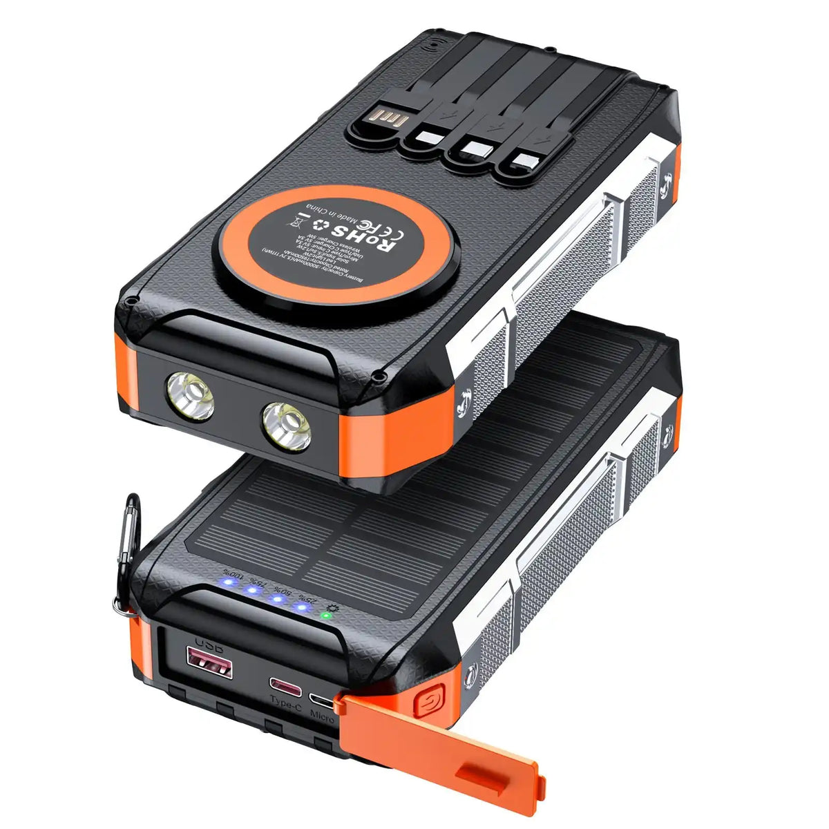TUTT Solar Power Bank 30,000mAh Rugged Magnetic Wireless Power Bank | MagSafe Built-in Cables, Flashlight | USB-C/Lightning/Micro-USB