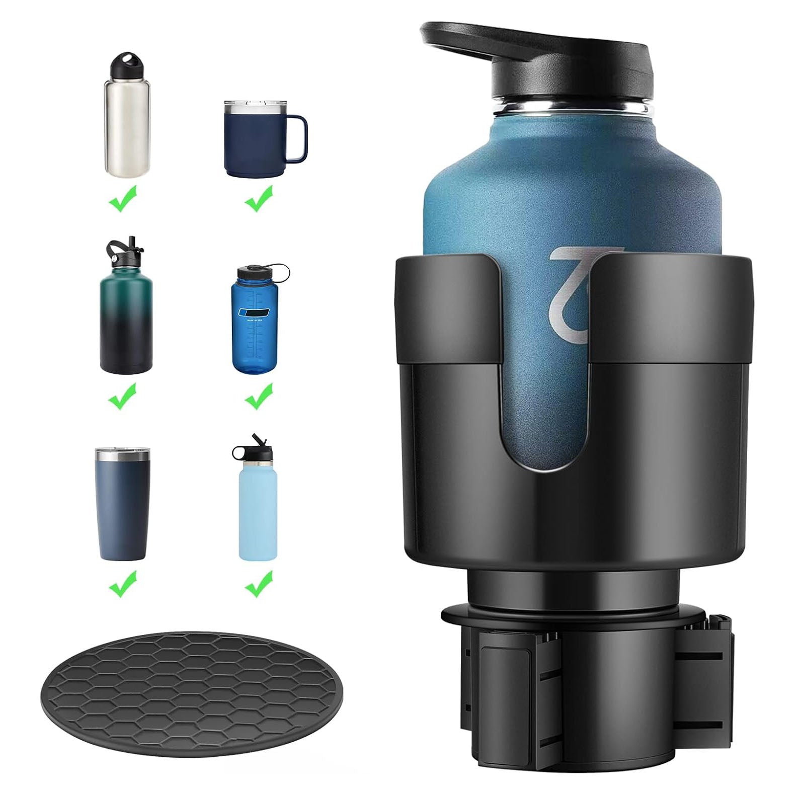 TYKOR Car Cup Holder Expander, Cup Holder Extender for Car with Adjustable Base, Fits Yeti 24/36/46oz, Hydroflask 32/40oz, Large Bottles in 3"-3.9" (16-40oz)