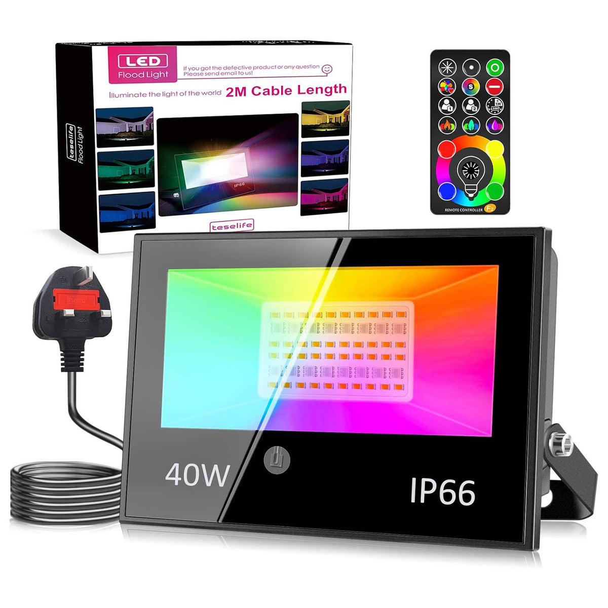 Teselife 40W LED Flood Lights Outdoor, 120 Colours 5 Modes RGB Floodlight, IP66 Waterproof, Timing Function, 2700K Warm White Security Lights, Outdoor Lights for Garden Landscape Yard Stage with UK 3-Plug