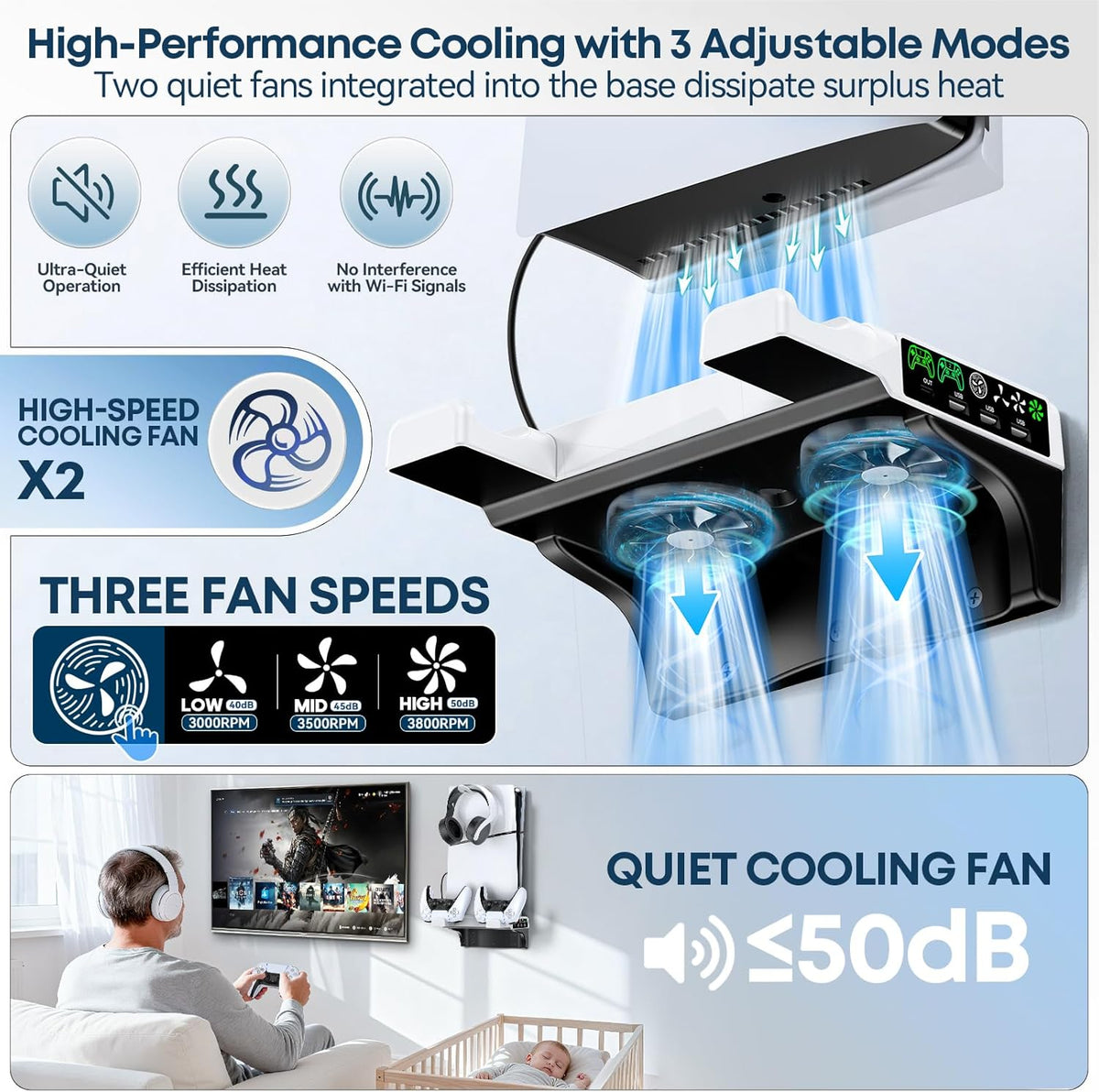 Tokluck PS5/Slim/Pro Wall Mount Kit with Cooling Fan & Charging Station, PS5 Shelf Floating Mount for All PlayStation 5/Slim/Pro Disc & Digital Console, PS 5 Wall Bracket Behind TV, PS Five Pro Accessories