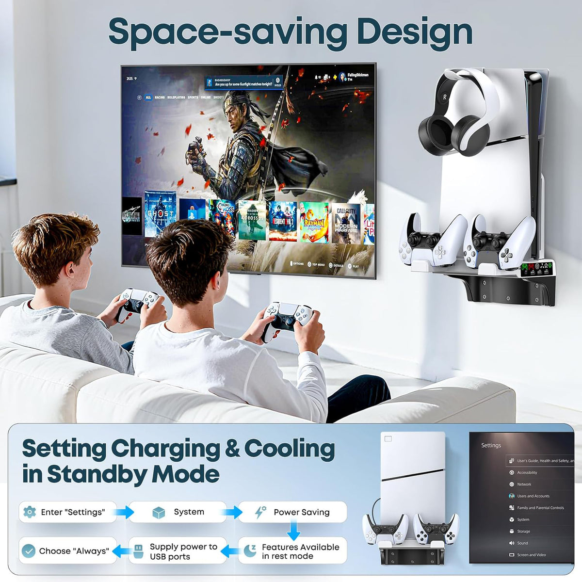 Tokluck PS5/Slim/Pro Wall Mount Kit with Cooling Fan & Charging Station, PS5 Shelf Floating Mount for All PlayStation 5/Slim/Pro Disc & Digital Console, PS 5 Wall Bracket Behind TV, PS Five Pro Accessories