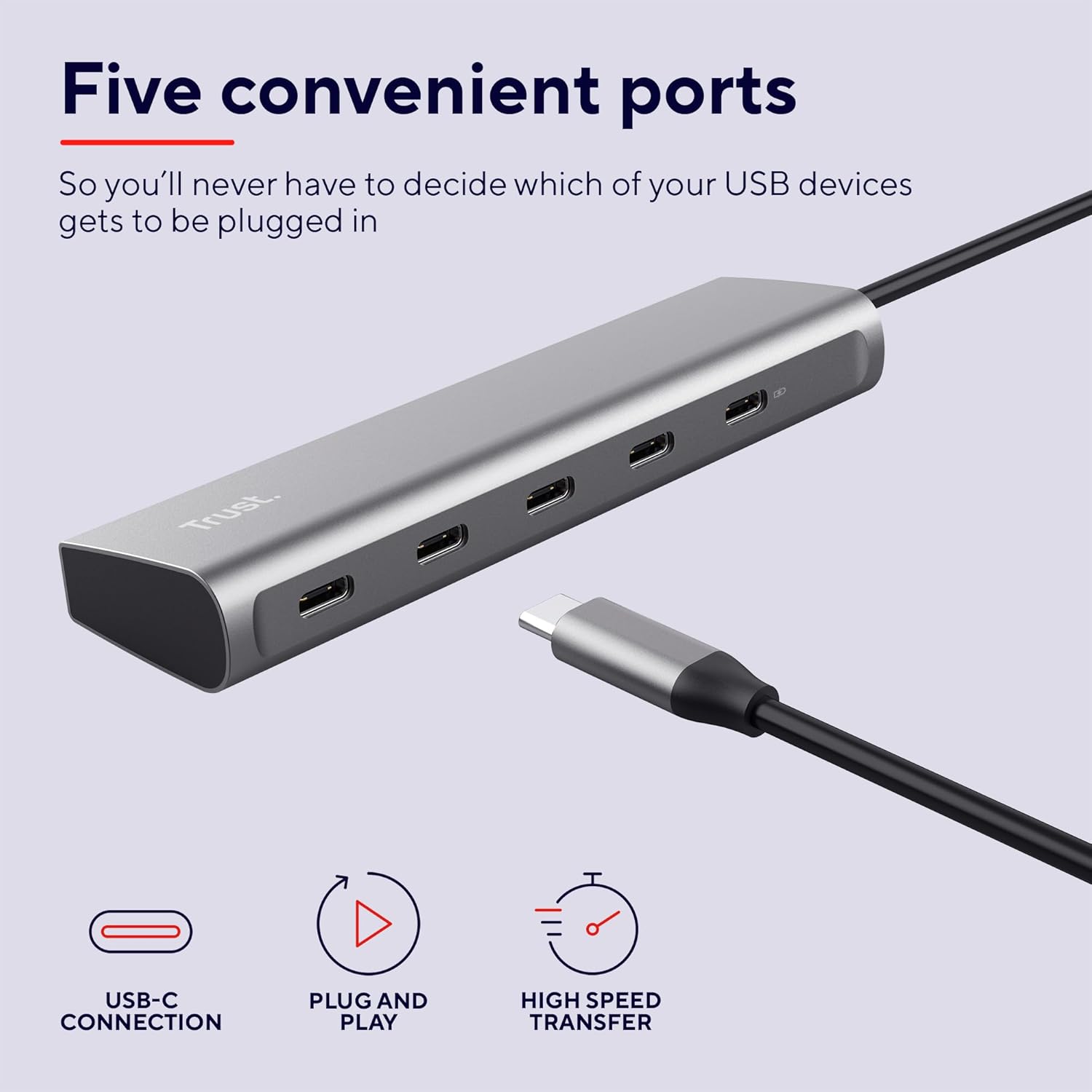 Trust Halyx USB C Hub 5 Ports - 4 USB-C and 100W PD Power Port, 5Gbps Speed, Multiport Adapter for PC, Laptop - Silver