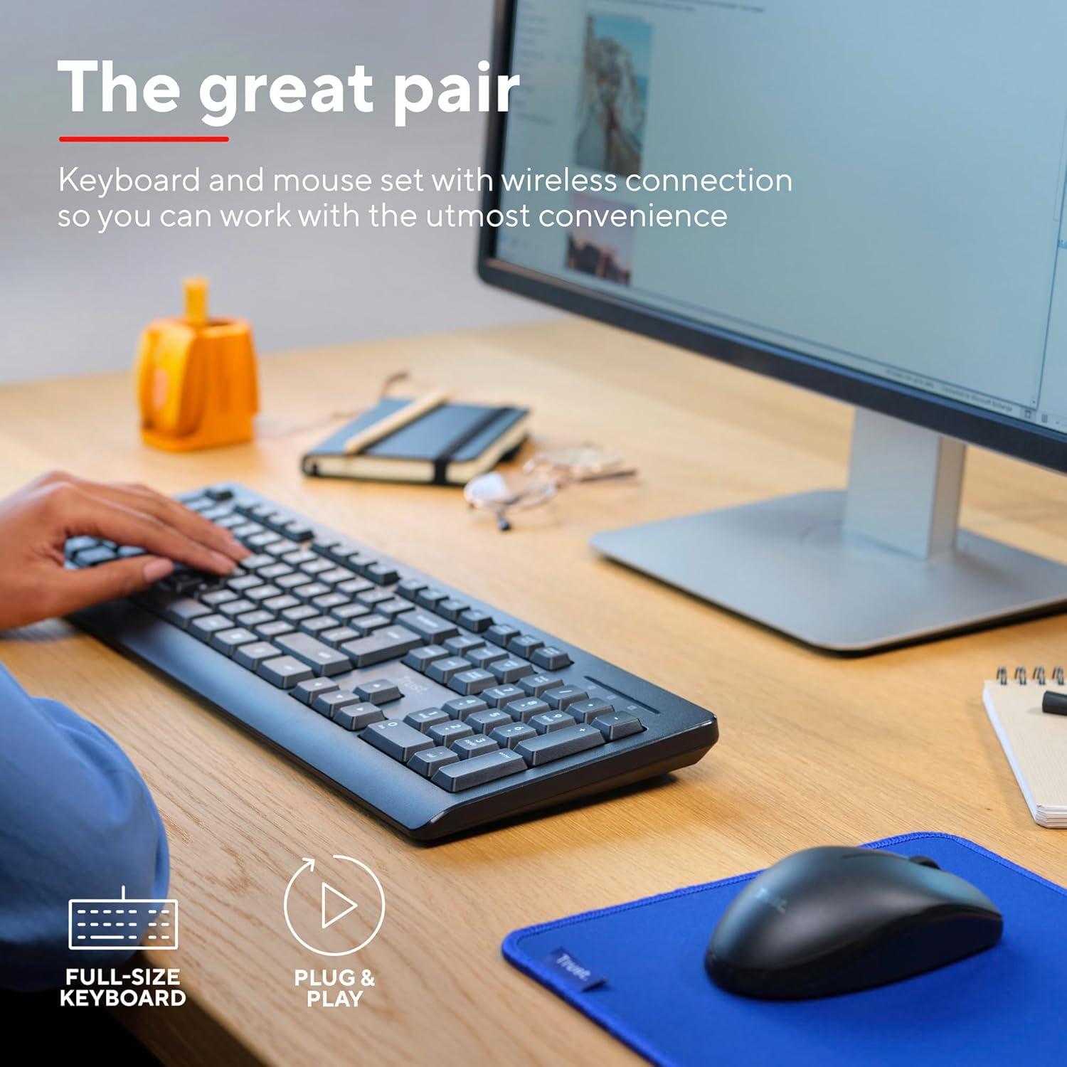 Trust Primo Wireless Keyboard and Mouse Set QWERTY UK Layout, Low Profile Keys, Spill-Resistant, One USB Receiver, Ambidextrous Wireless Mouse, Home Office Combo for PC Laptop
