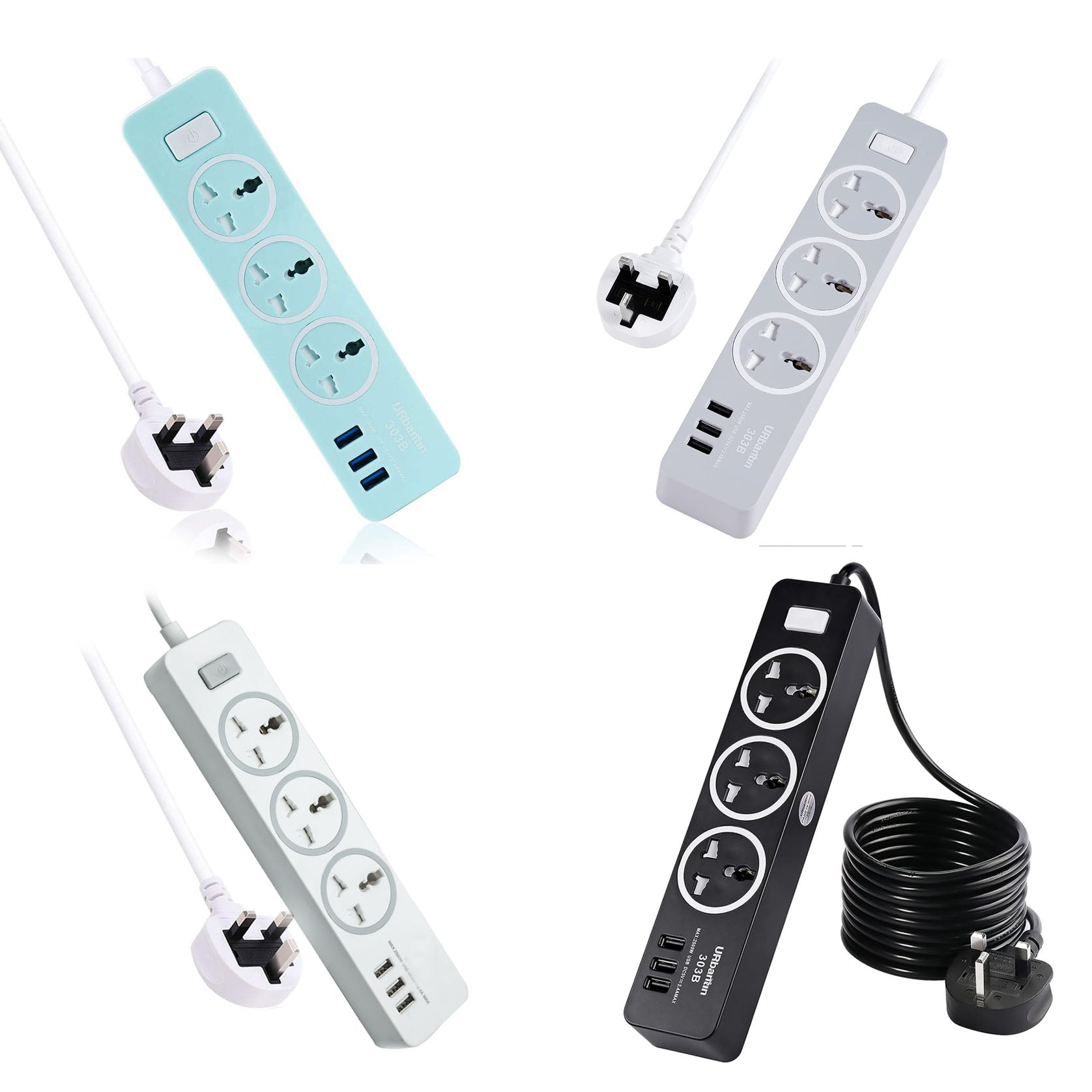 URbantin 3 Way Outlets Extension Lead with 3 USB Slots, Power Extension Socket