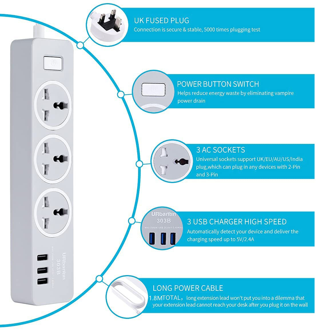 URbantin 3 Way Outlets Extension Lead with 3 USB Slots, Power Extension Socket