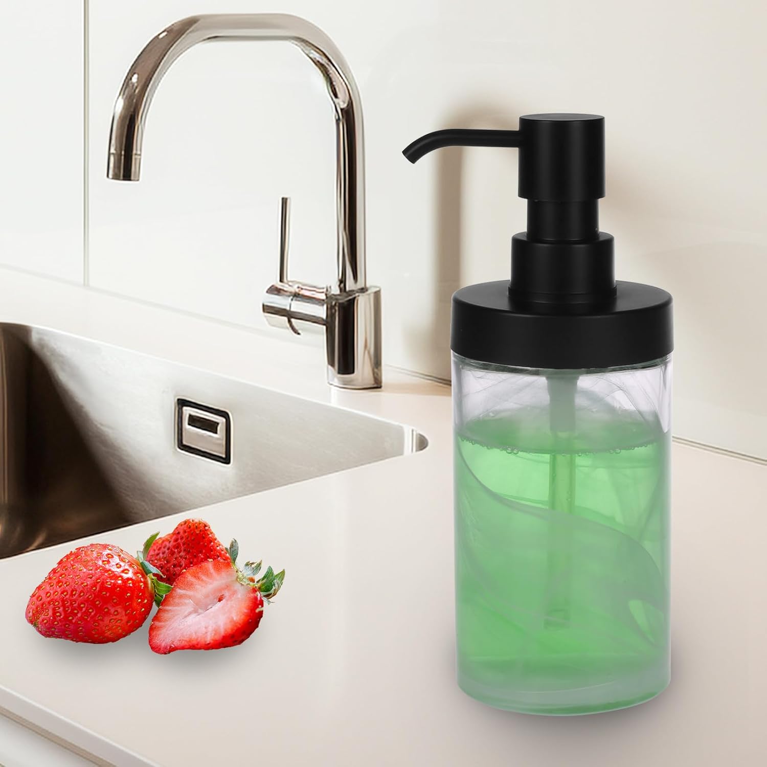 Suanti White Marble Glass Soap Dispenser for Bathroom & Kitchen Sink, Wide-Mouthed Easy Refill, 14.3 Oz