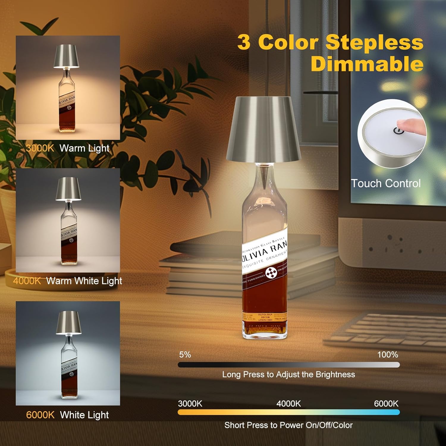 Wireless LED Wine Bottle Lamp, 3 Color Rechargeable Led Wine Bottle Lights for Bars Restaurants (Silver)