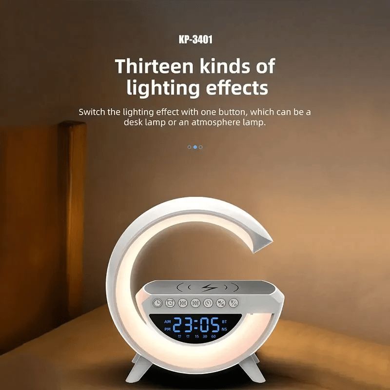 Wireless Speaker Charger, G Shaped LED Wireless Table Speaker Atmosphere Night Light Wireless Charger Led Alarm Clock Dimmable Ambient Light LED Wireless Charging Speaker for Office Bedroom (UK Import)