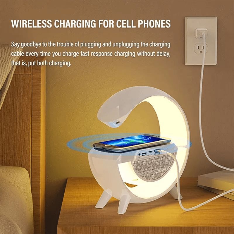 Wireless Speaker Charger, G Shaped LED Wireless Table Speaker Atmosphere Night Light Wireless Charger Led Alarm Clock Dimmable Ambient Light LED Wireless Charging Speaker for Office Bedroom (UK Import)