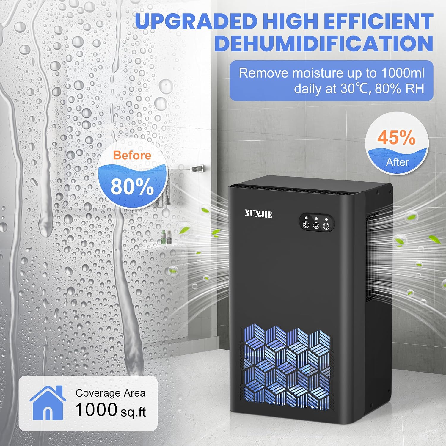 XUNJIE Dehumidifiers for Home, 2300ml Dehumidifier - Ultra Quiet & Auto Defrost 7 Colour LED Light Auto Shut Off - Ideal for Bedroom Bathroom RV Car Kitchen Garage Damp Removal (Black)