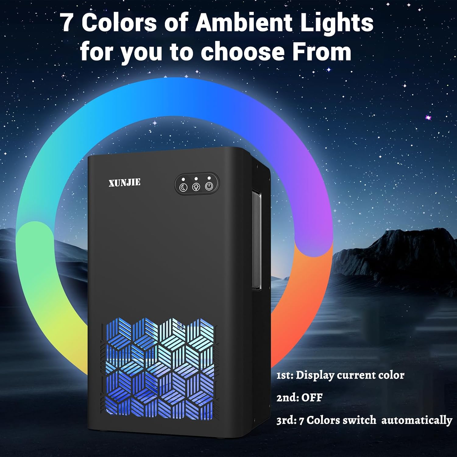 XUNJIE Dehumidifiers for Home, 2300ml Dehumidifier - Ultra Quiet & Auto Defrost 7 Colour LED Light Auto Shut Off - Ideal for Bedroom Bathroom RV Car Kitchen Garage Damp Removal (Black)