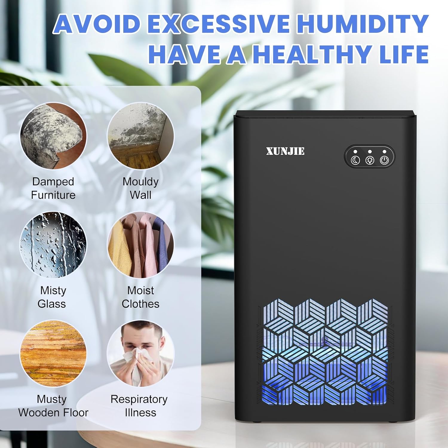XUNJIE Dehumidifiers for Home, 2300ml Dehumidifier - Ultra Quiet & Auto Defrost 7 Colour LED Light Auto Shut Off - Ideal for Bedroom Bathroom RV Car Kitchen Garage Damp Removal (Black)