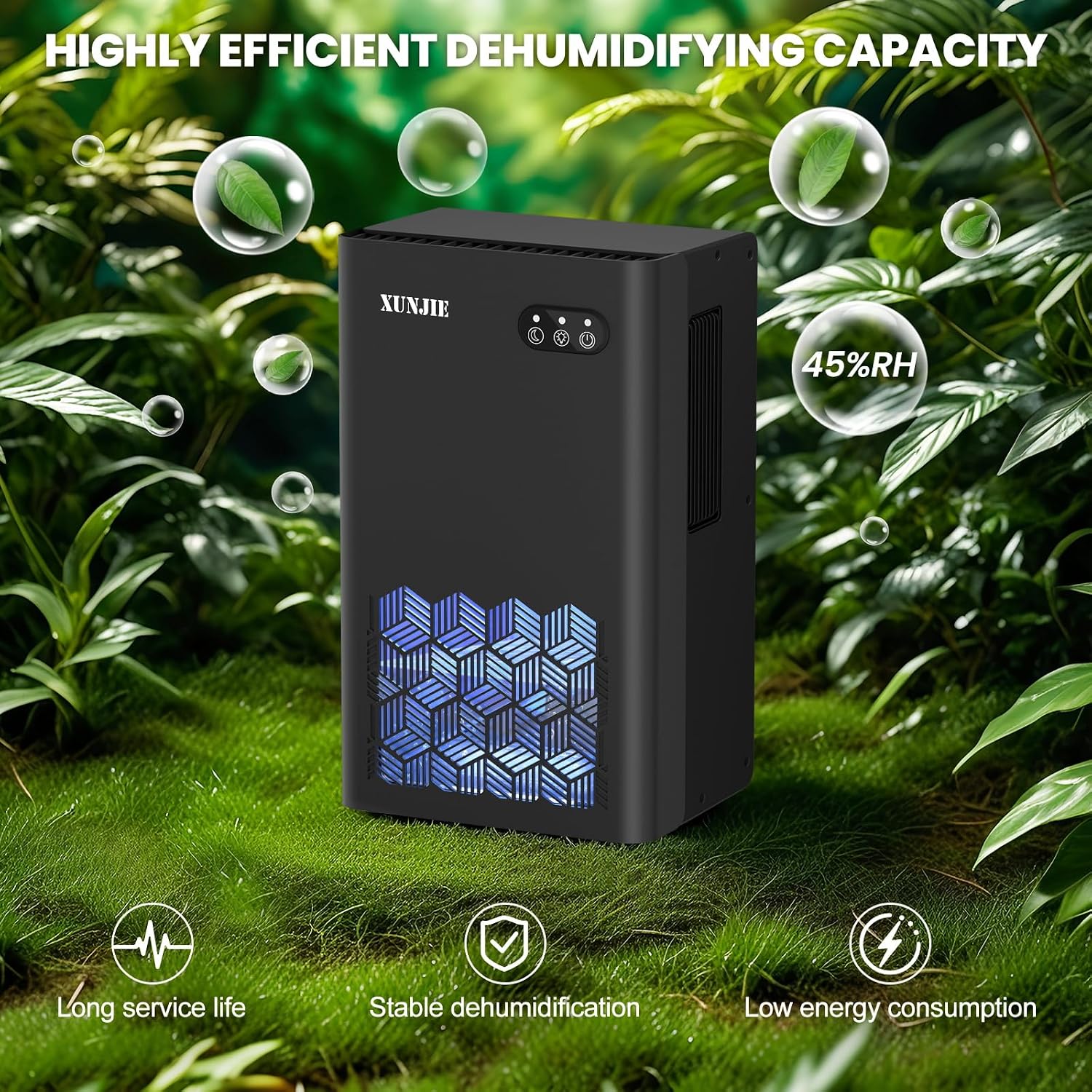 XUNJIE Dehumidifiers for Home, 2300ml Dehumidifier - Ultra Quiet & Auto Defrost 7 Colour LED Light Auto Shut Off - Ideal for Bedroom Bathroom RV Car Kitchen Garage Damp Removal (Black)