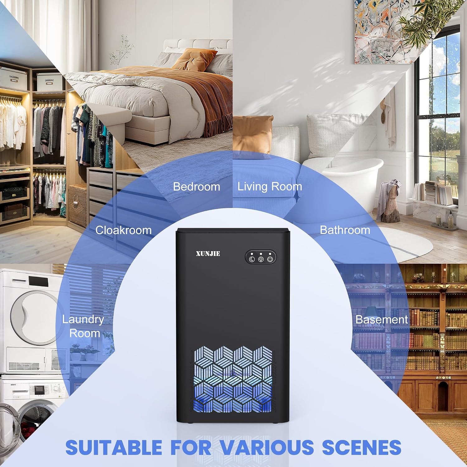 XUNJIE Dehumidifiers for Home, 2300ml Dehumidifier - Ultra Quiet & Auto Defrost 7 Colour LED Light Auto Shut Off - Ideal for Bedroom Bathroom RV Car Kitchen Garage Damp Removal (Black)