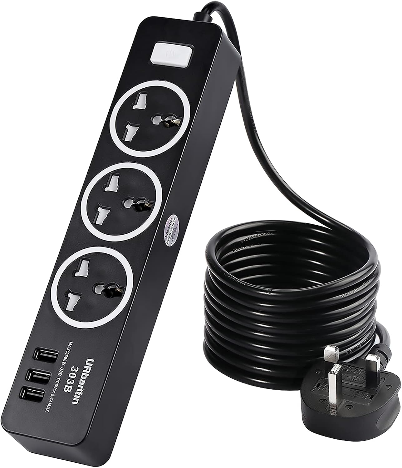 URbantin 3 Way Outlets Extension Lead with 3 USB Slots, Power Extension Socket