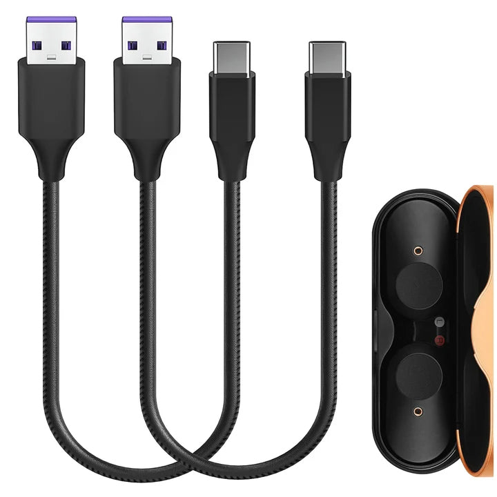 Geekria USB Earbuds Vegan Leather Fast Charger Cable Compatible with Sony LinkBuds WI-C100 WF-L900 INZONE Buds WF-C500 Charger, USB to USB-C Replacement Power Short Charging Cord (1ft/30cm 2Pack)