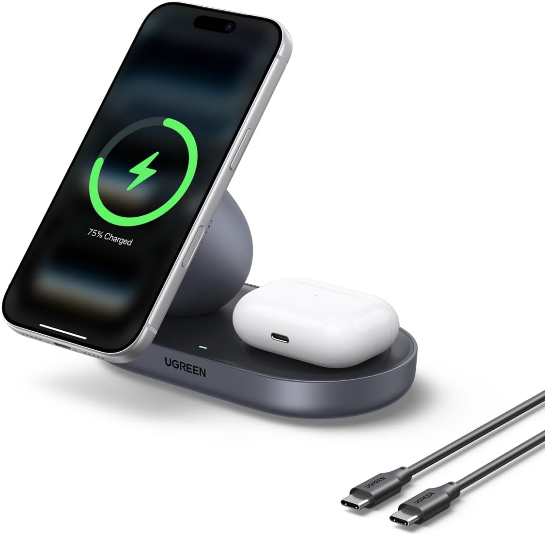 UGREEN Zapix 2 in 1 MagSafe Qi2 15W Induction Charger for iPhone Compatible with iPhone 17 16 15 14 13 12 Air Plus Pro Max, AirPods 4 3 Pro 3 2 1, Magnetic Wireless Charger Fast Charge