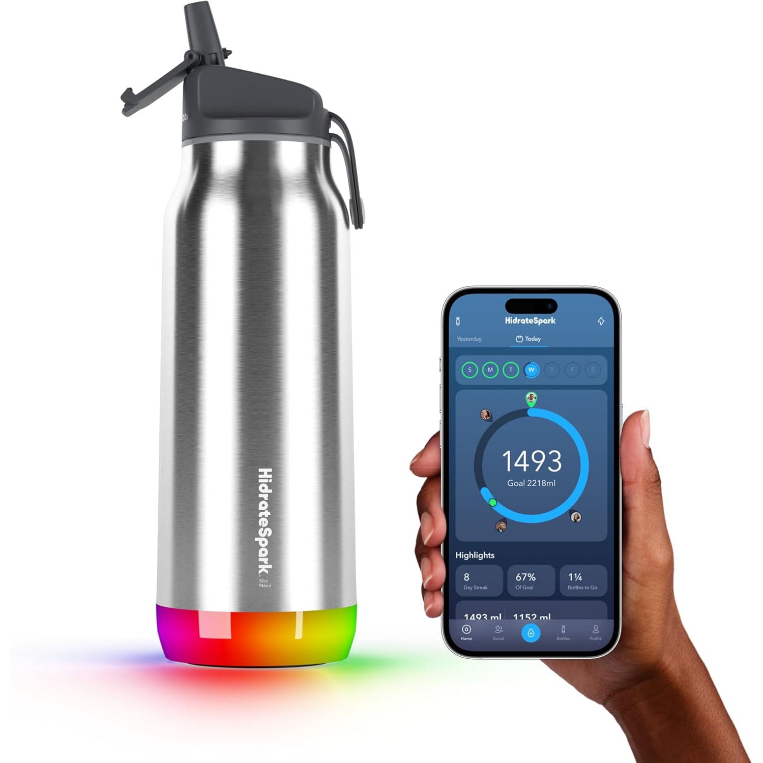 HidrateSpark PRO Smart Water Bottle - Tracks Water Intake & Glows to Remind You to Stay Hydrated, Straw, 32oz/946ml, Stainless Steel (Steel)
