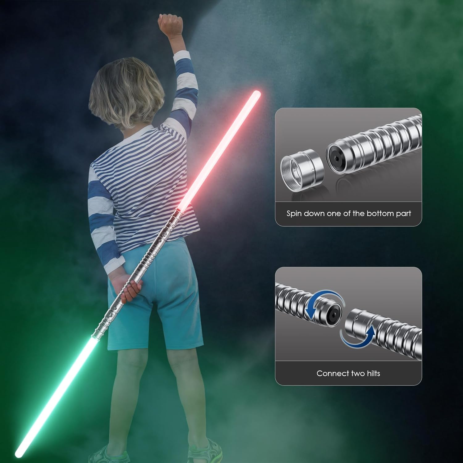 2-in-1 RGB Lightsaber 7 Color USB Rechargeable Silver Metal Handle Sword (2 Pack)