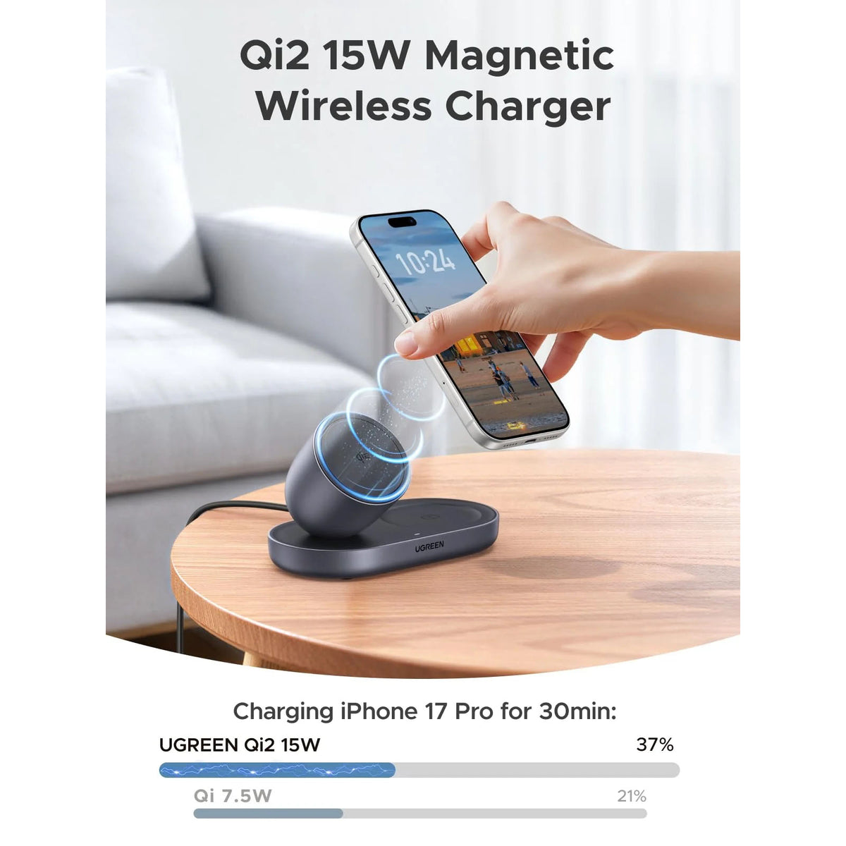 UGREEN Zapix 2 in 1 MagSafe Qi2 15W Induction Charger for iPhone Compatible with iPhone 17 16 15 14 13 12 Air Plus Pro Max, AirPods 4 3 Pro 3 2 1, Magnetic Wireless Charger Fast Charge