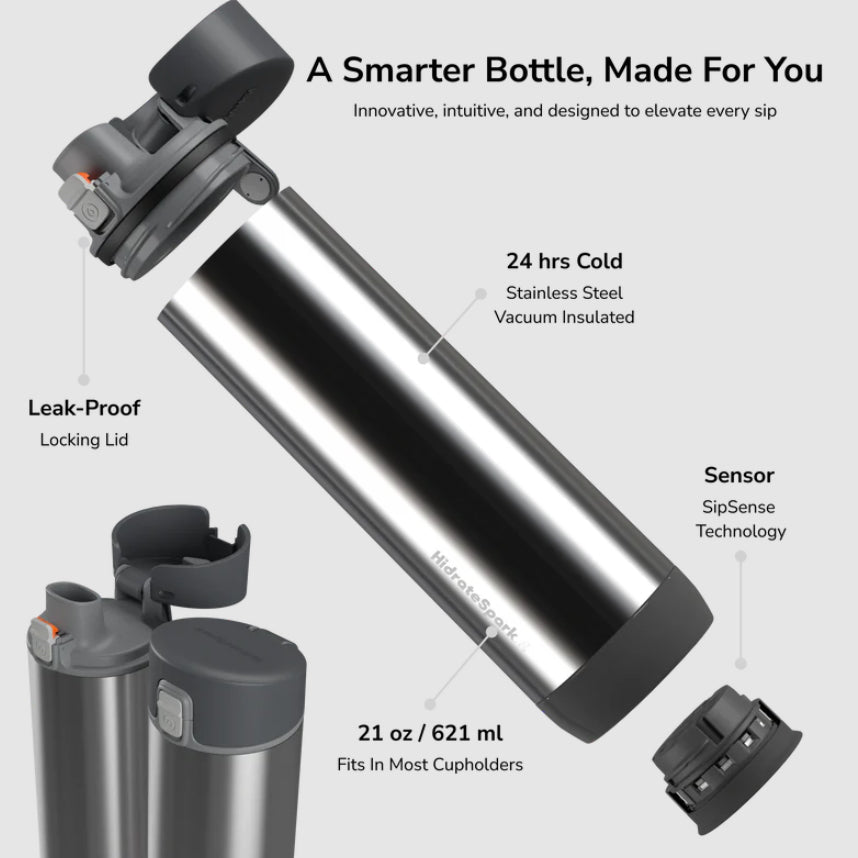 HidrateSpark PRO Smart Water Bottle - Tracks Water Intake & Glows to Remind You to Stay Hydrated, Straw, 21oz/621ml, Stainless Steel