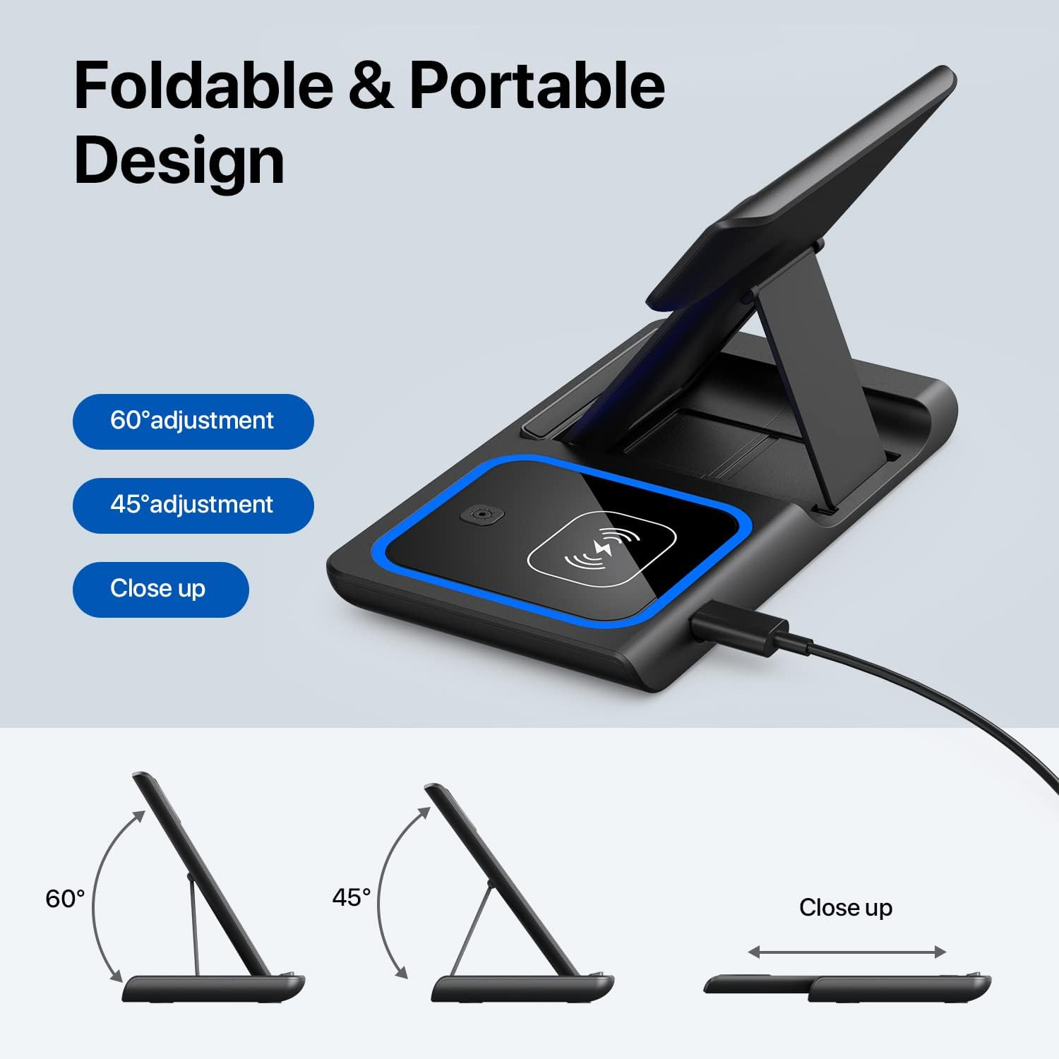 3 in 1 Foldable Wireless Charger Stand, Fast Wireless Charging Docking station